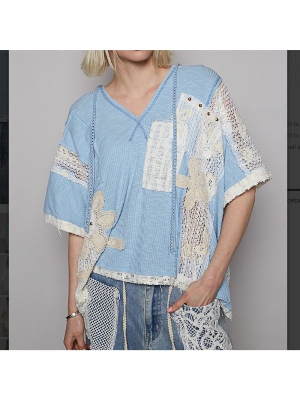 POL Boho Patchwork Lace-Trimmed Blue Hooded Top Floral Crochet Loose Fit Medium